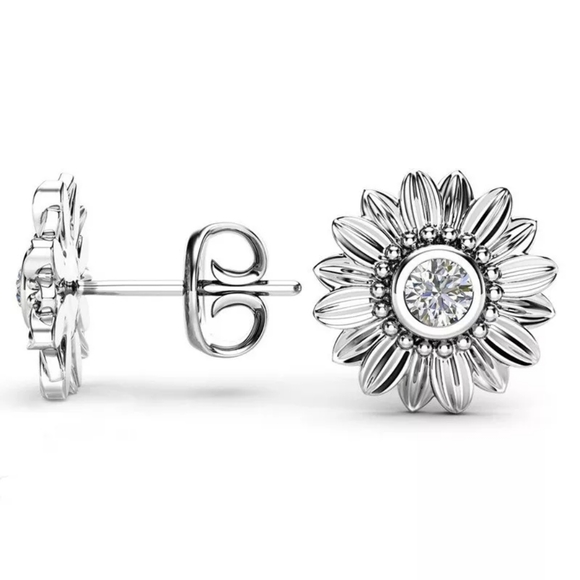 S925 SILVER DIAMOND SUNFLOWER STUD EARRINGS - Picture 2 of 5